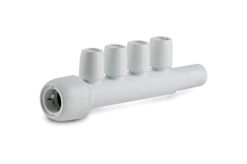 product visual Hep2O 4 port manifold socket and closed spigot on one side 22x10mm white